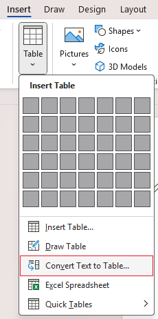 Convert table to text option on ribbon in Word